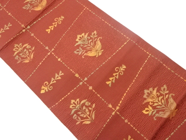 JAPANESE KIMONO / VINTAGE NAGOYA OBI / CHIKUZEN HAKATA / WOVEN ABSTRACT GRID & FLORAL PLANTS